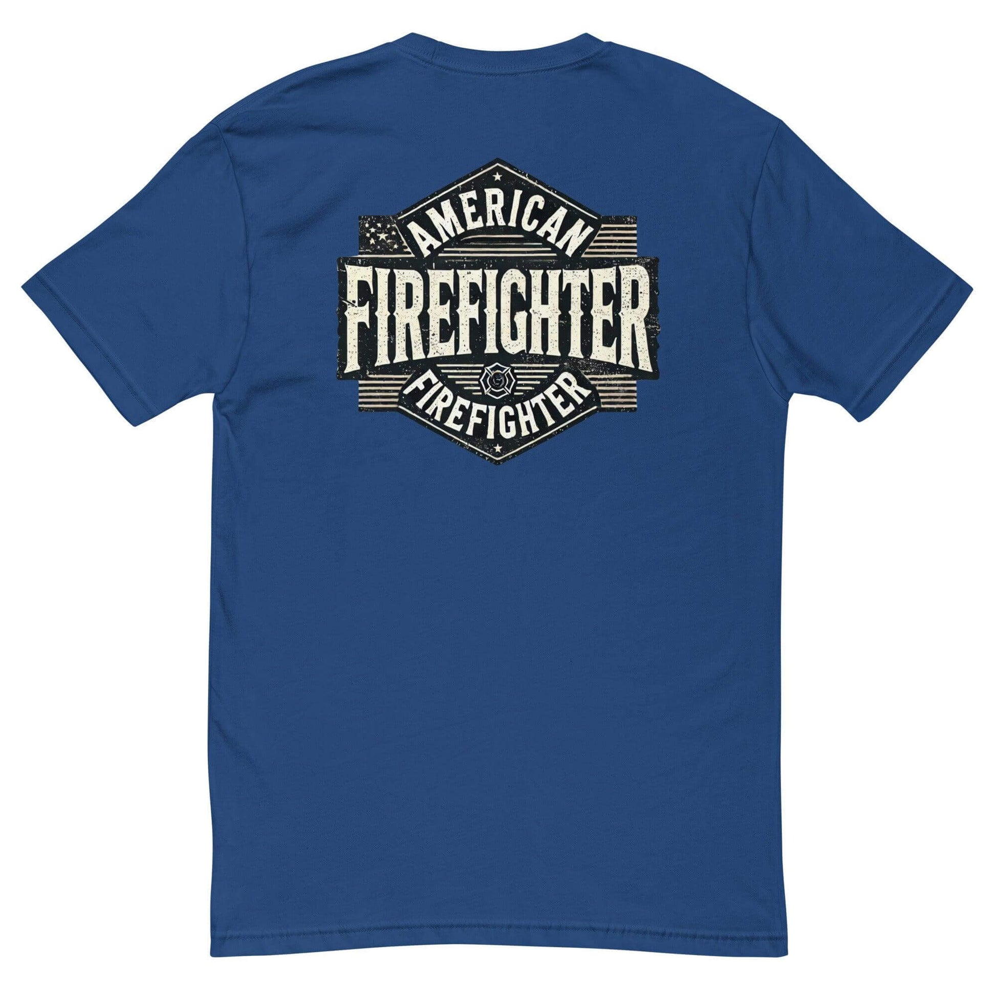 Back view of a blue short sleeve t-shirt featuring "American Firefighter" graphic, ideal for firefighter apparel and gifts.