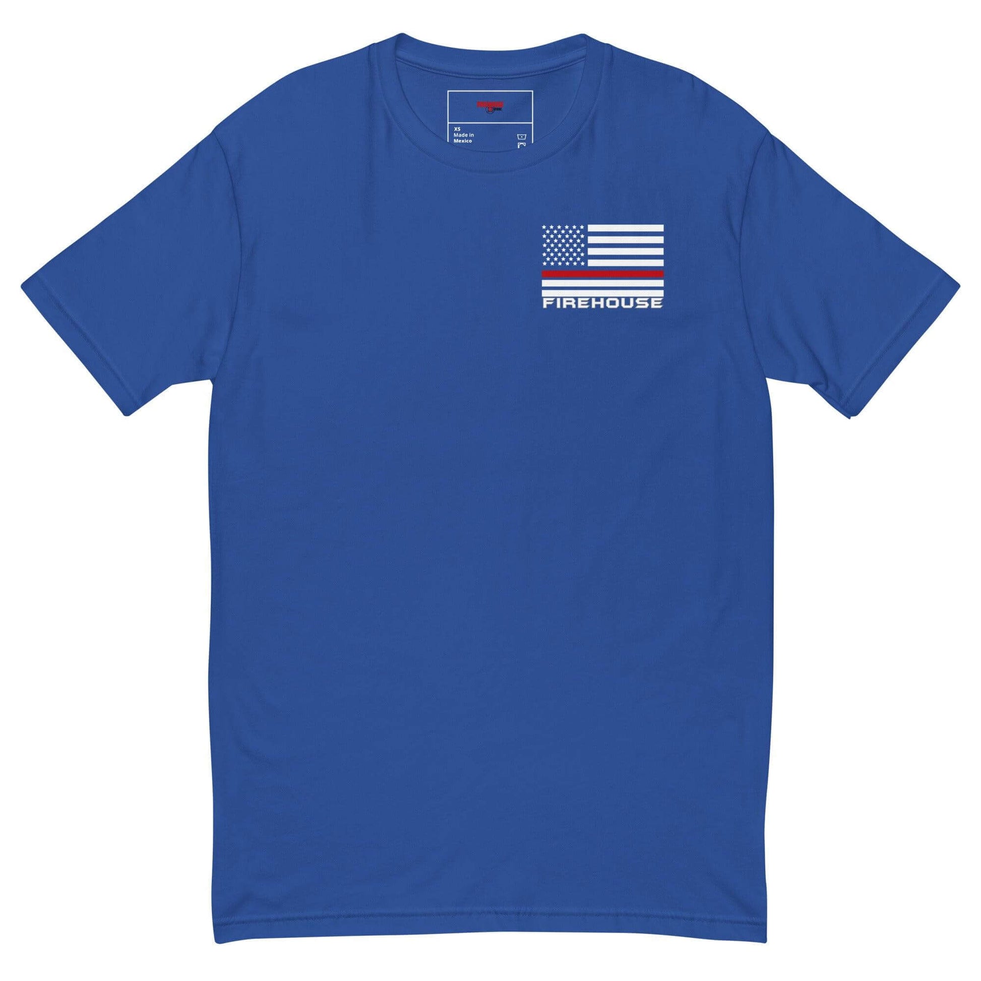 Short sleeve blue t-shirt featuring a firefighter-themed design with an American flag and "FIREHOUSE" text.