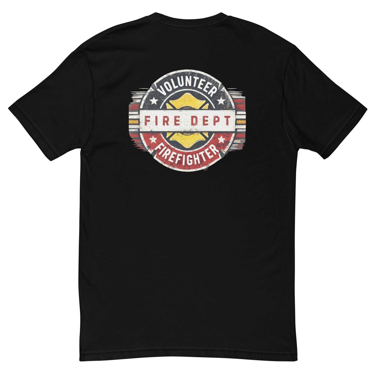 Black short sleeve t-shirt featuring a "Volunteer Fire Dept" graphic, ideal for firefighter apparel and gifts.