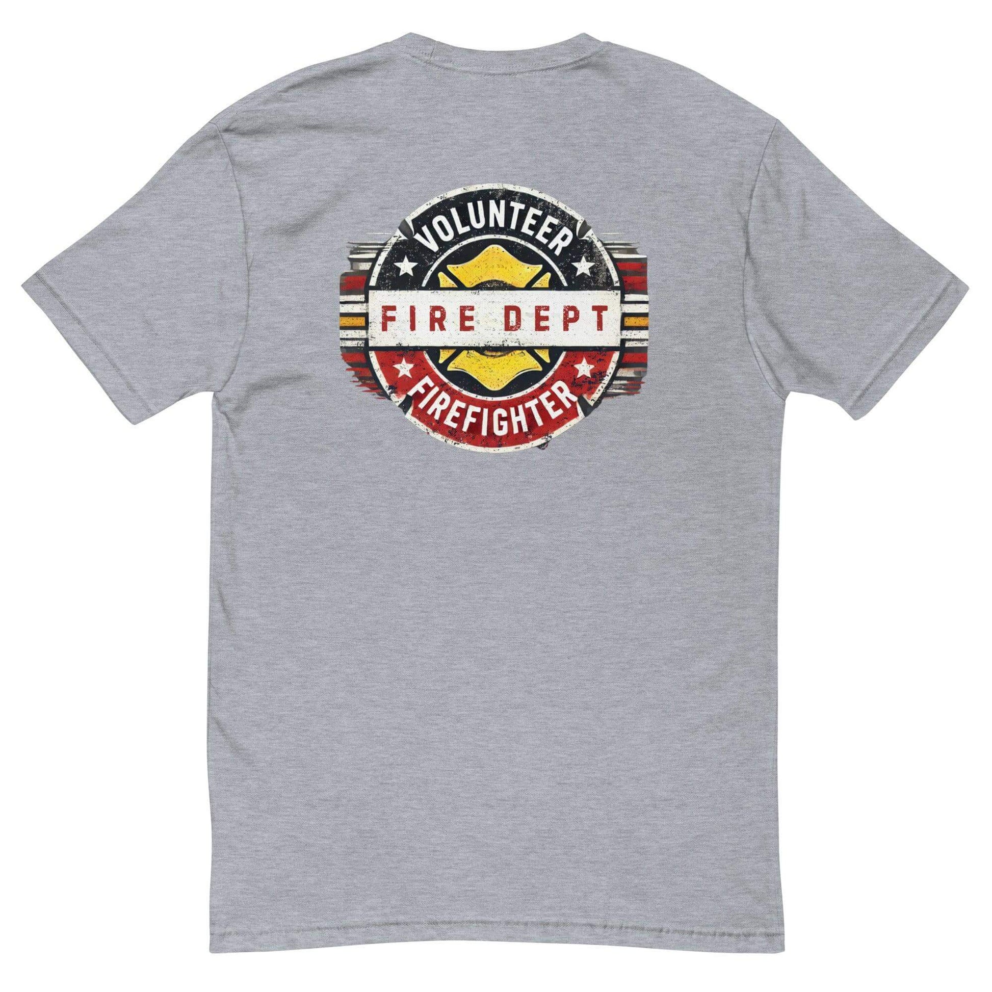 Back view of a grey short sleeve t-shirt featuring a "Volunteer Fire Dept Firefighter" graphic design.