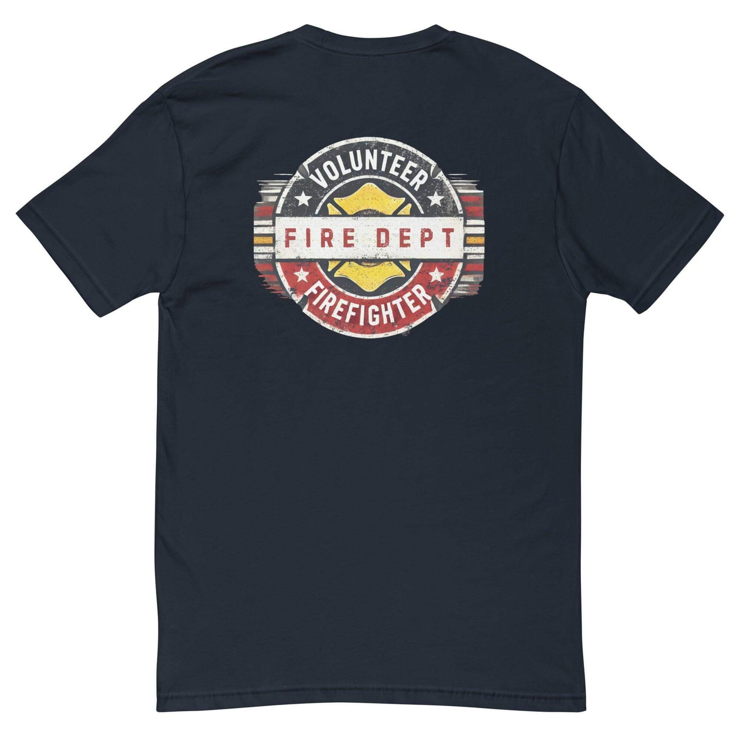 Volunteer Fire Dept Firefighter t-shirt featuring a bold graphic design on the back, perfect for firefighter gifts and apparel.