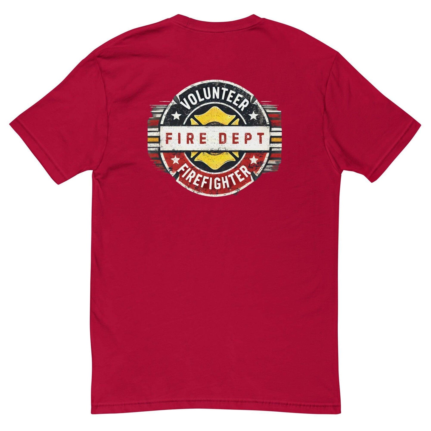 Red short sleeve t-shirt featuring volunteer firefighter graphic and fire department logo on the back.