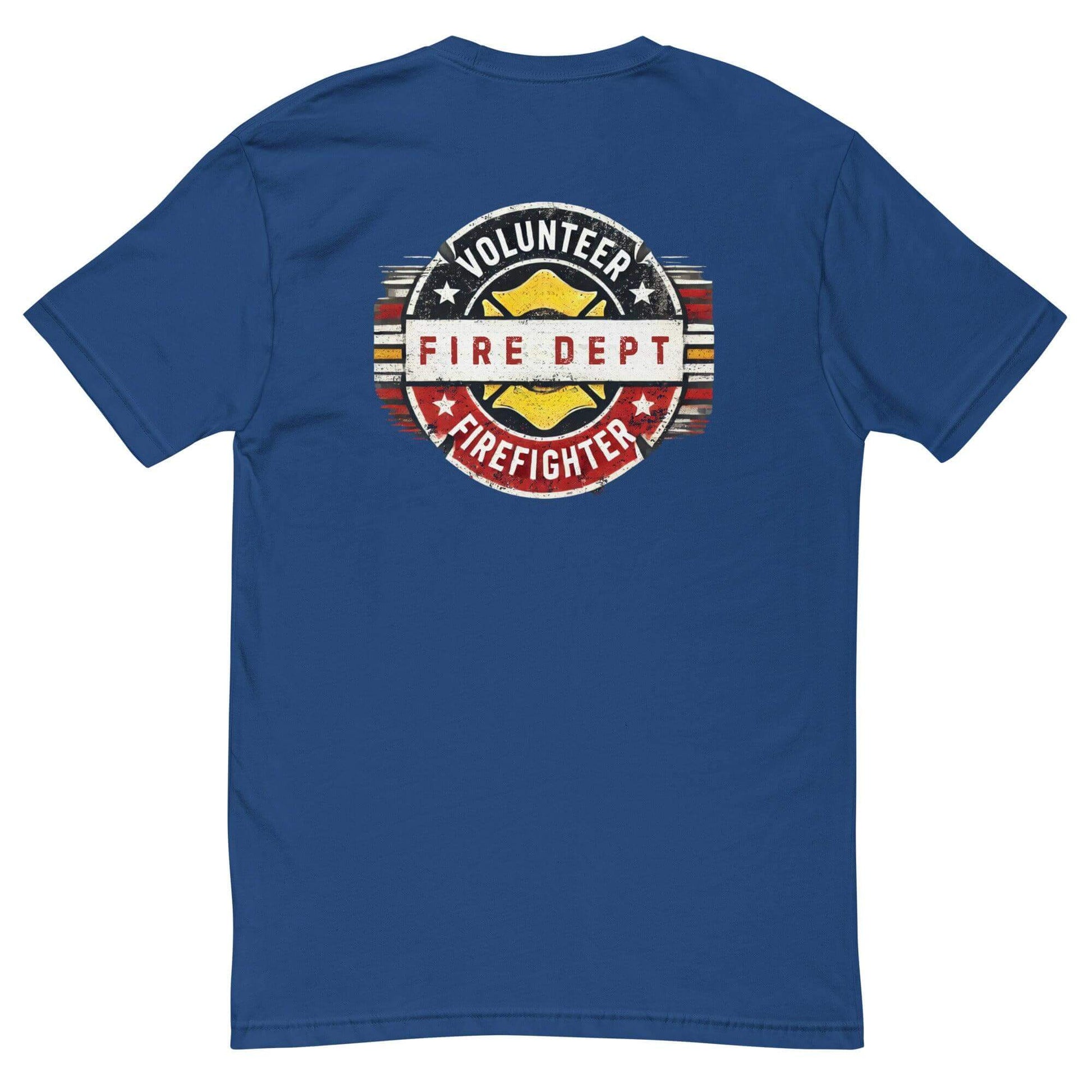 Blue short sleeve t-shirt featuring "Volunteer Fire Dept Firefighter" graphic on the back, ideal for firefighter apparel.