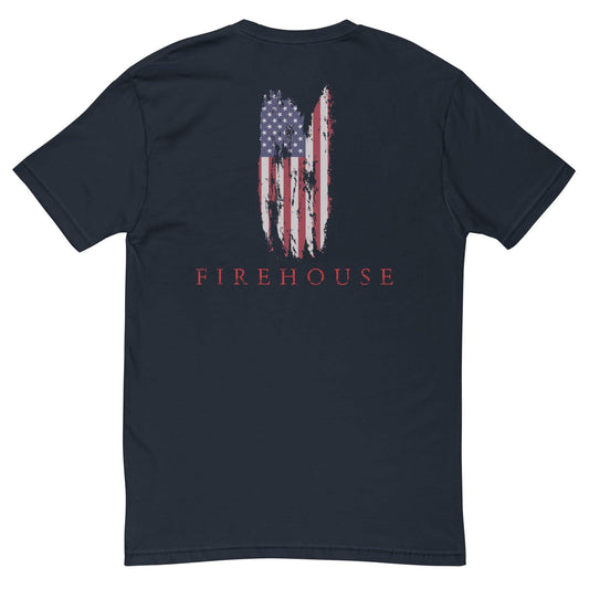 Firehouse-themed t-shirt featuring a distressed American flag design on the back, perfect for firefighter apparel and gifts.