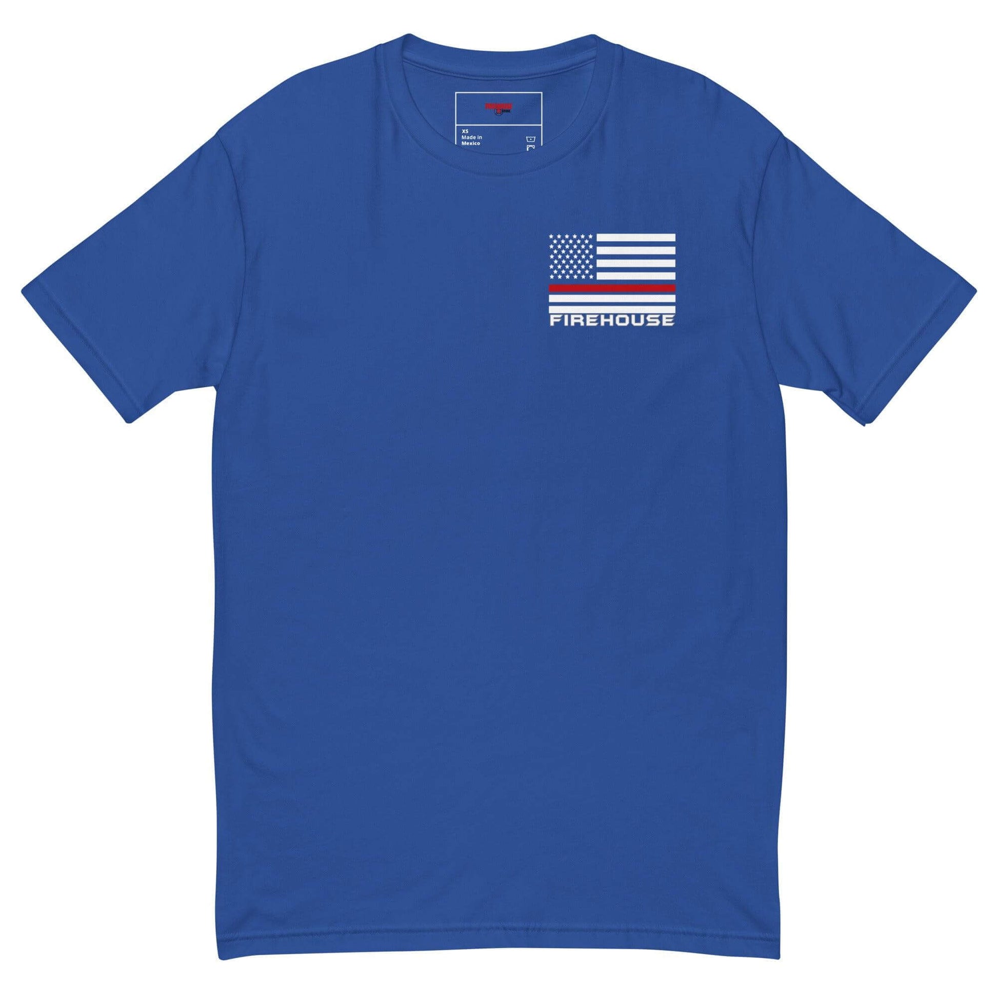 Blue short sleeve t-shirt featuring a flag and "FIREHOUSE" design, perfect for firefighters and firehouse gifts.