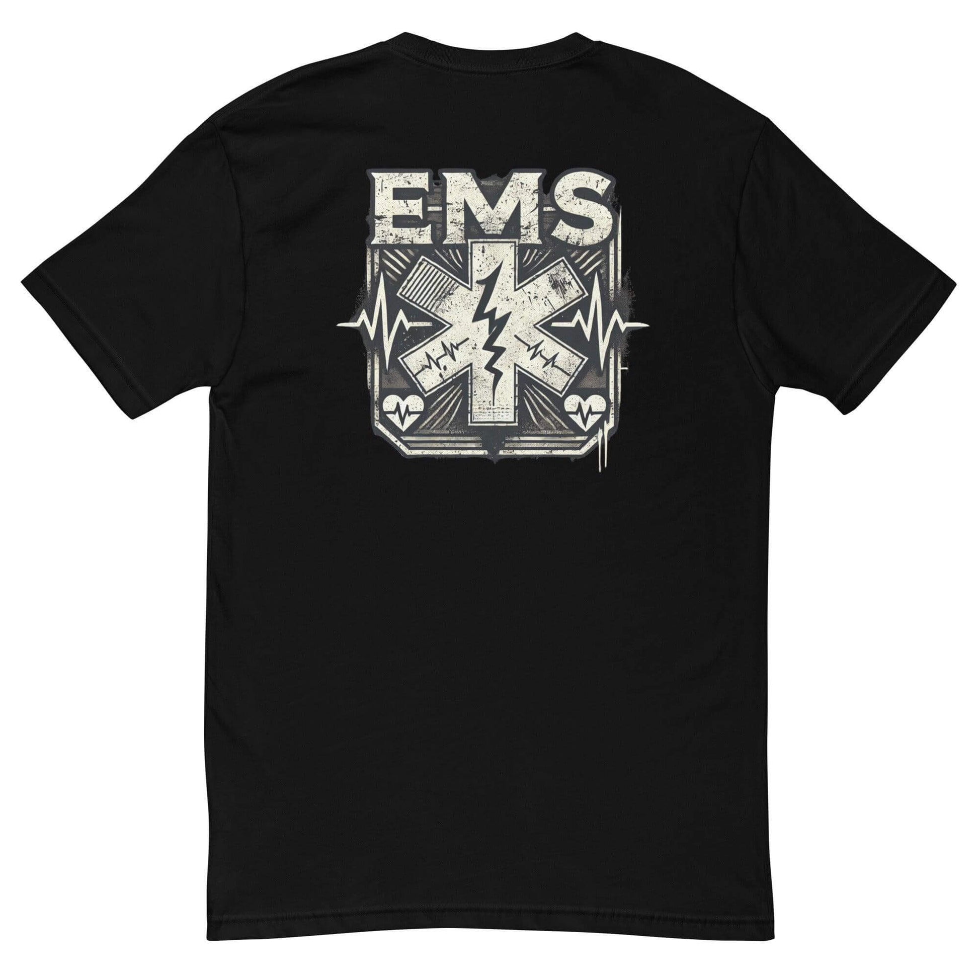 Black short sleeve EMS t-shirt featuring a lightning bolt and heart design, perfect for emergency medical personnel.