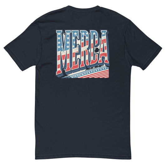 Short sleeve t-shirt featuring "MERCA" graphic with American flag design on the back, ideal for casual wear.