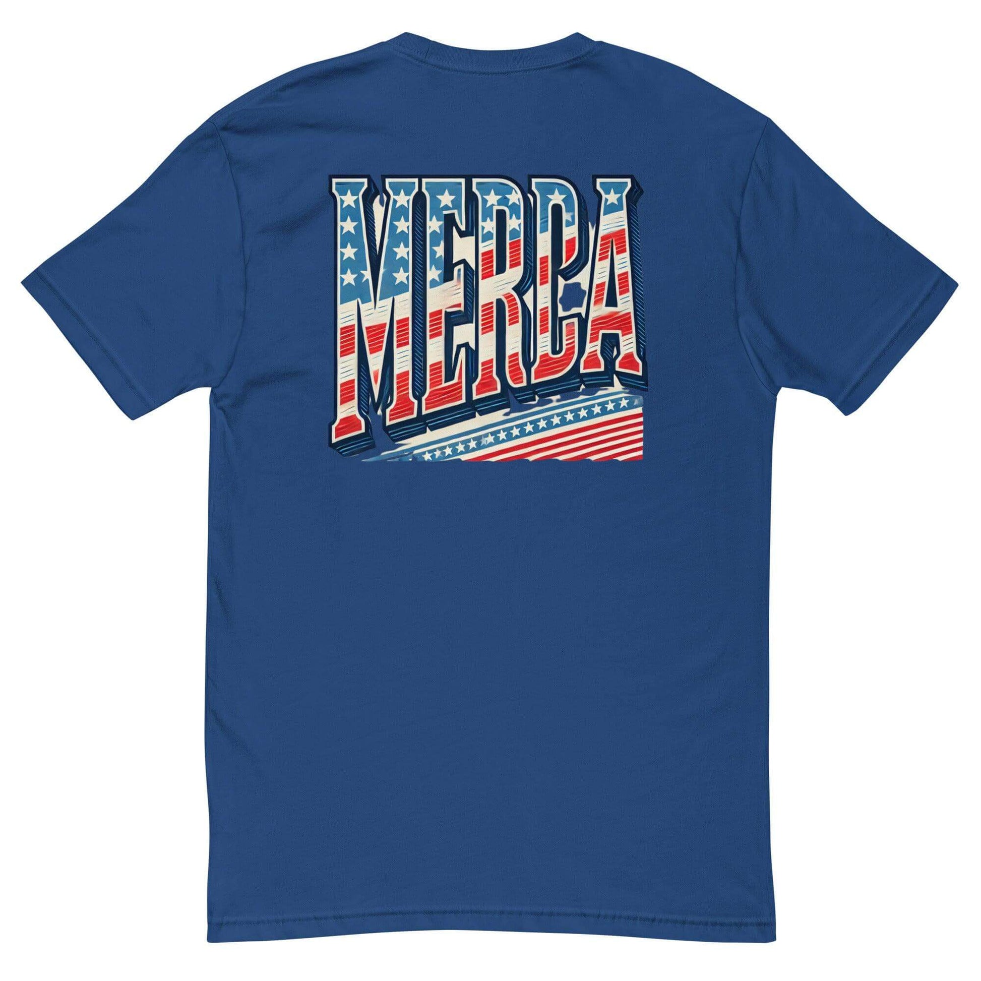 Blue short sleeve t-shirt featuring a bold "MERCA" graphic with patriotic colors and American flag design.