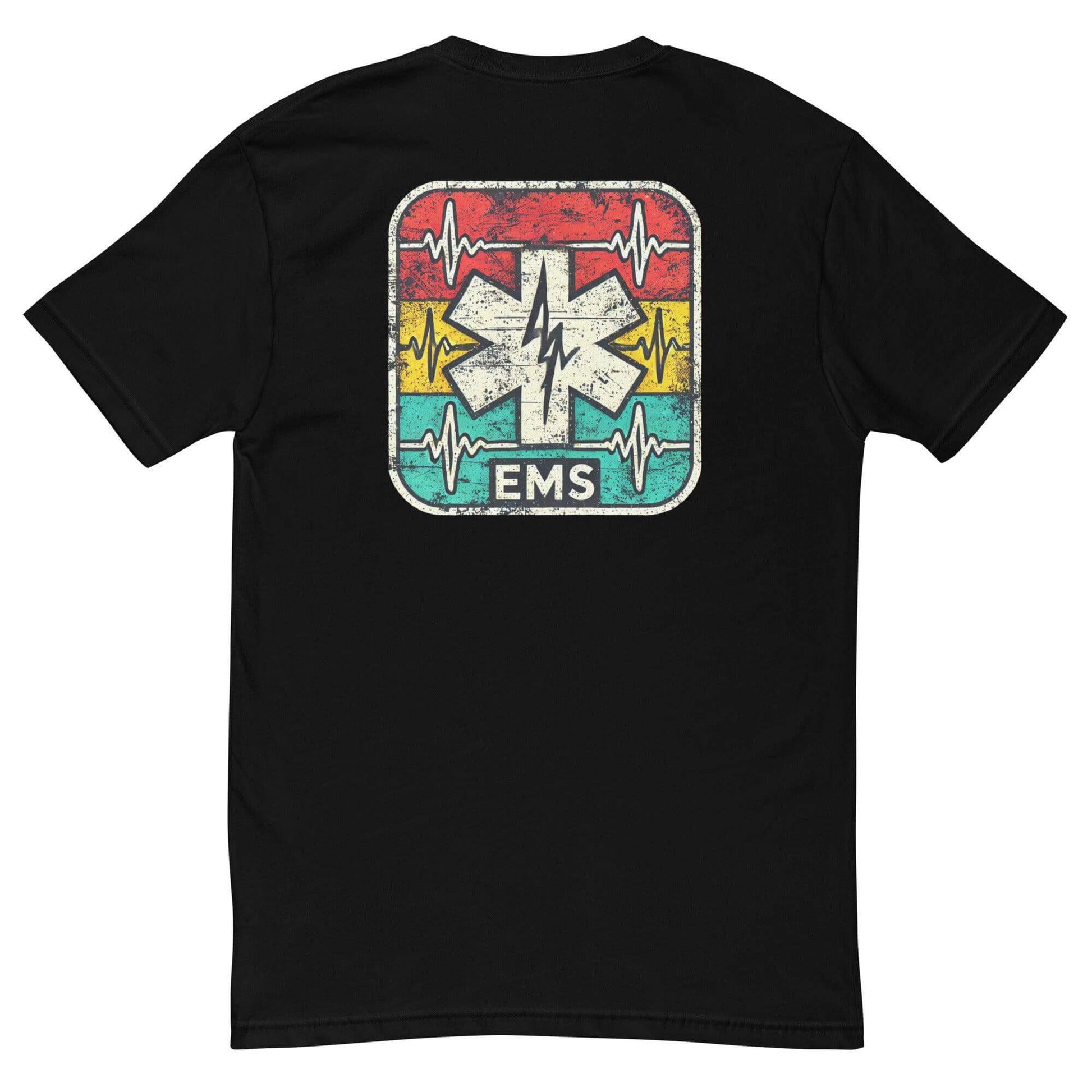 Black t-shirt featuring retro EMS logo with heartbeat design, perfect for emergency medical services apparel.