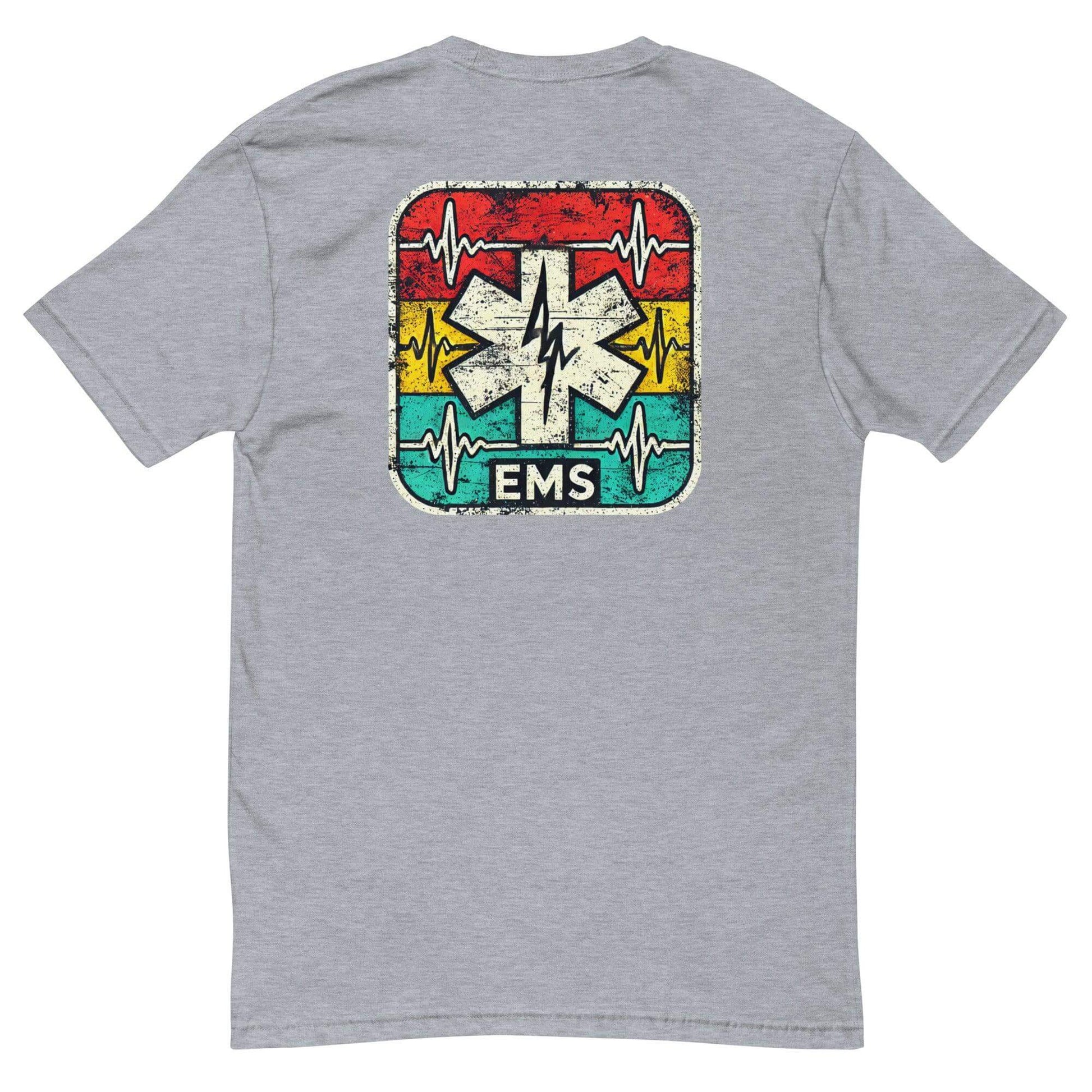 Grey EMS t-shirt featuring a colorful distressed design with medical symbol and heartbeat graphic on the back.