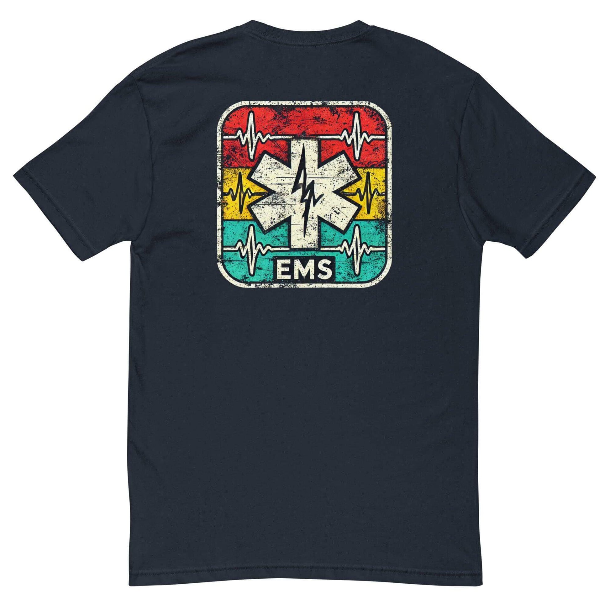 Black EMS t-shirt featuring a vintage emergency medical services logo with colorful heartbeat lines on the back.