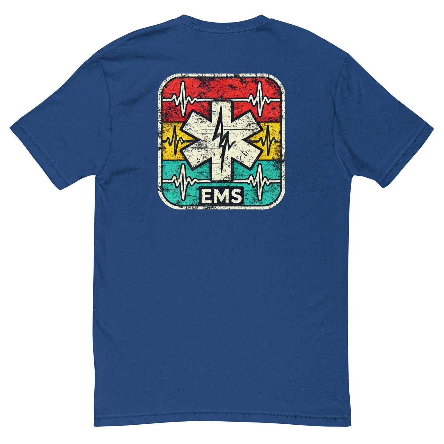 Back view of a blue EMS t-shirt featuring a vintage emergency medical symbol design. Perfect for EMS apparel and gifts.