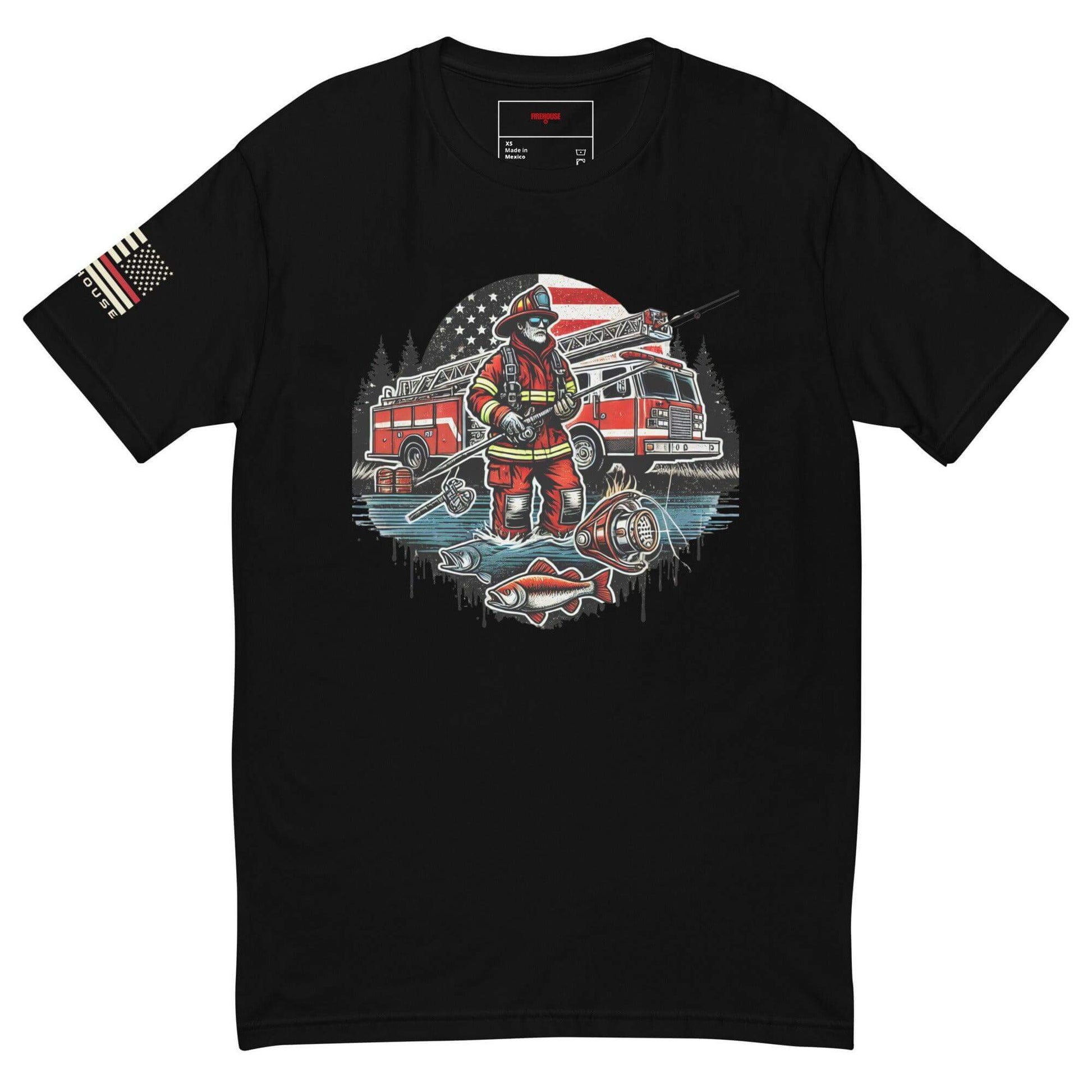 Black short sleeve t-shirt featuring a firefighter graphic, fire truck, and American flag, ideal for firefighter apparel.