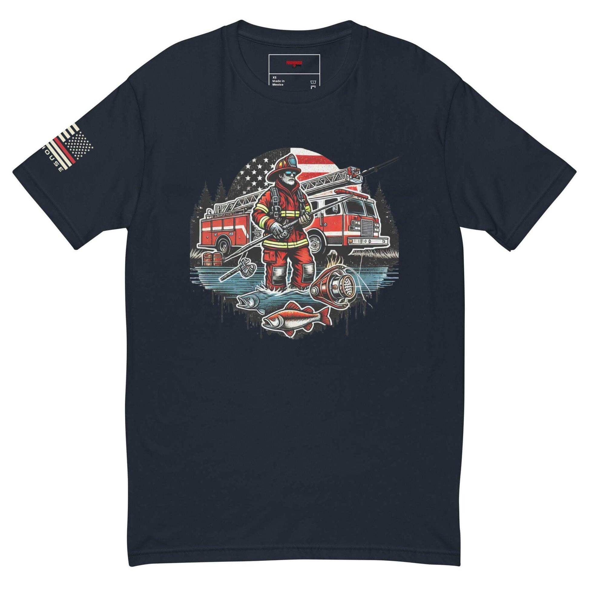 Short sleeve firefighter t-shirt featuring a graphic of a firefighter, firetruck, and American flag design.