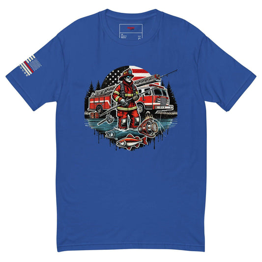 Blue short sleeve t-shirt featuring a firefighter graphic, fire truck, and American flag, perfect for firefighter apparel and gifts.