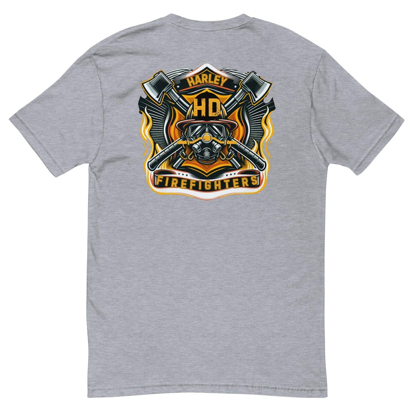 Harley Firefighters short sleeve t-shirt with graphic emblem featuring axes and flames on Heather Grey fabric.