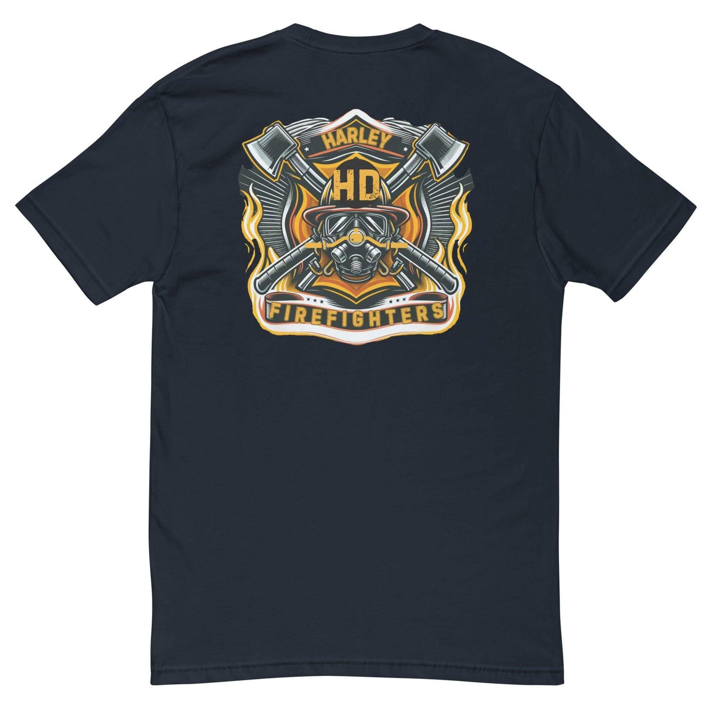 Black short sleeve t-shirt featuring a Harley Firefighters logo with axes and flames, perfect for firefighter apparel and gifts.