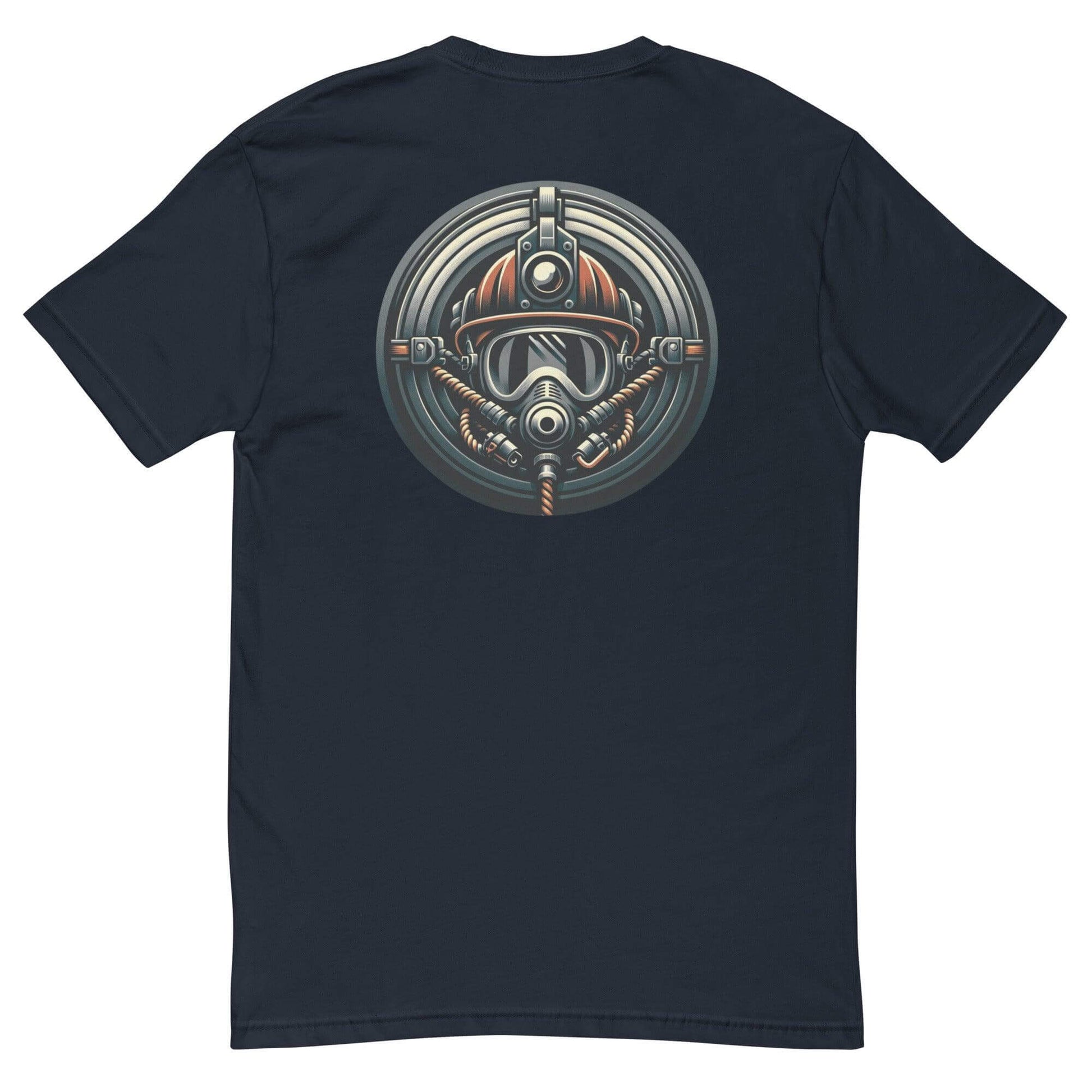 Back design of a navy short sleeve t-shirt featuring a firefighter helmet and mask graphic, ideal for firefighter apparel.