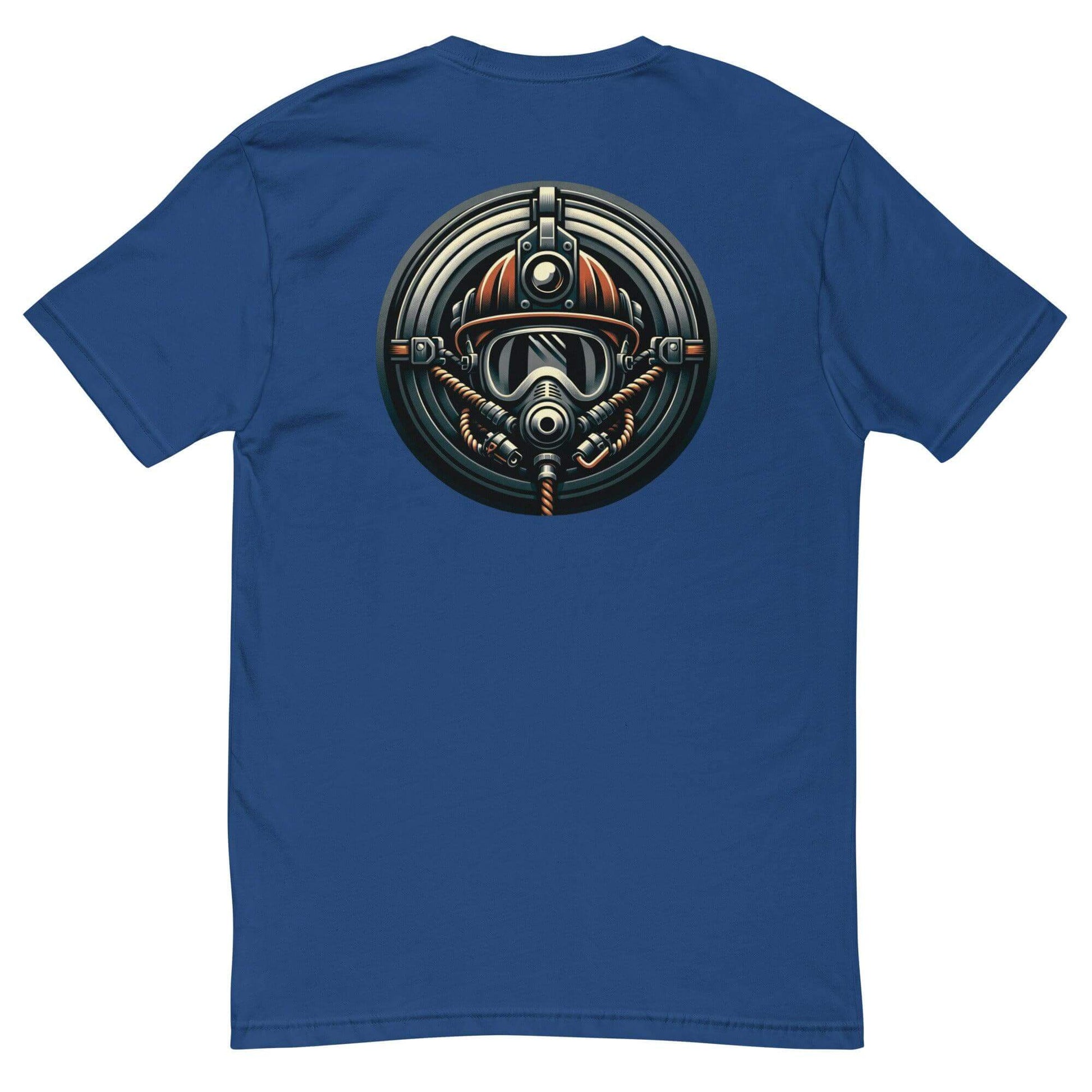 Back view of a blue short sleeve t-shirt featuring a unique firefighter graphic design. Ideal for firefighter apparel and gifts.