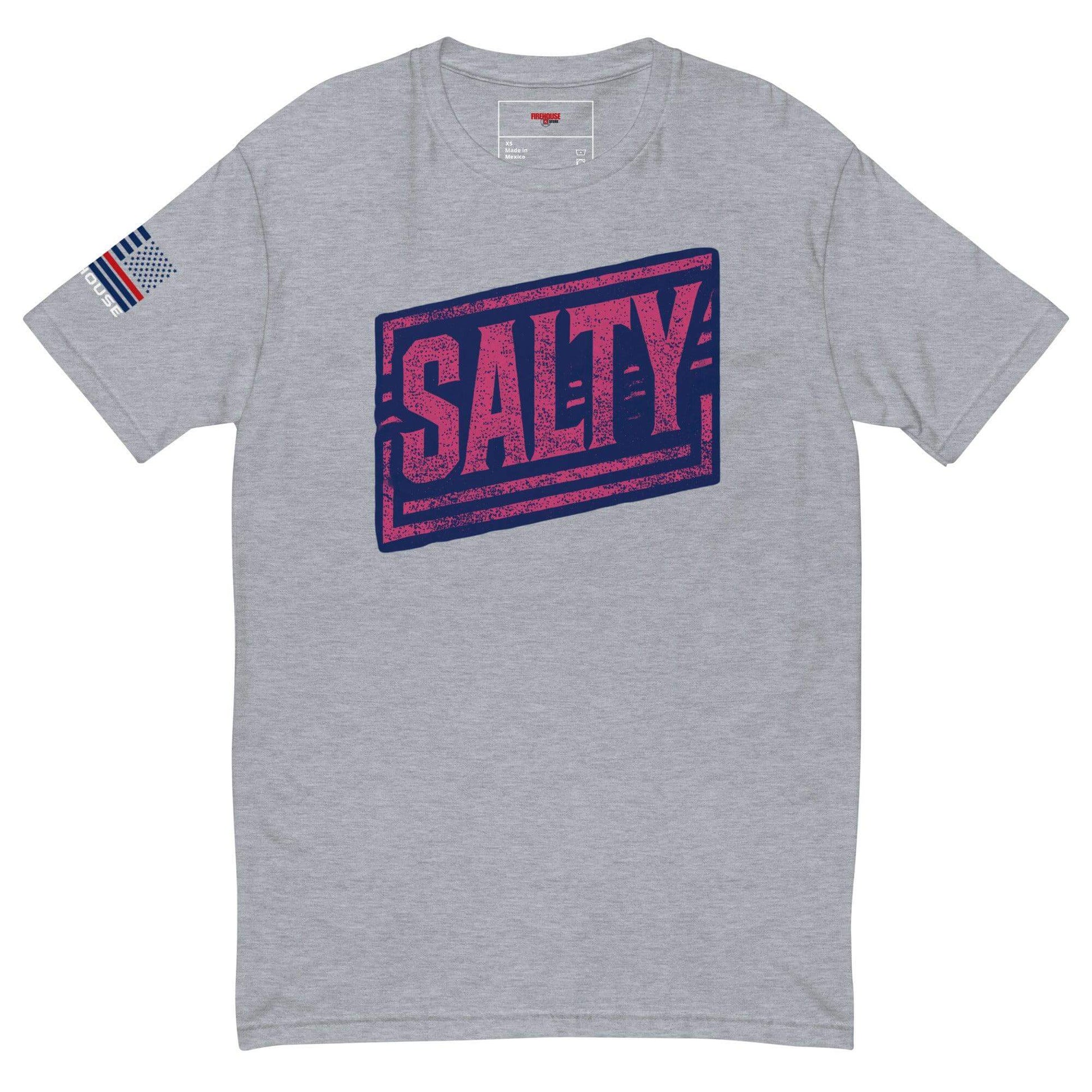 Heather grey short sleeve t-shirt with "SALTY" printed on the front and American flag detail on the sleeve. Perfect firefighter apparel.