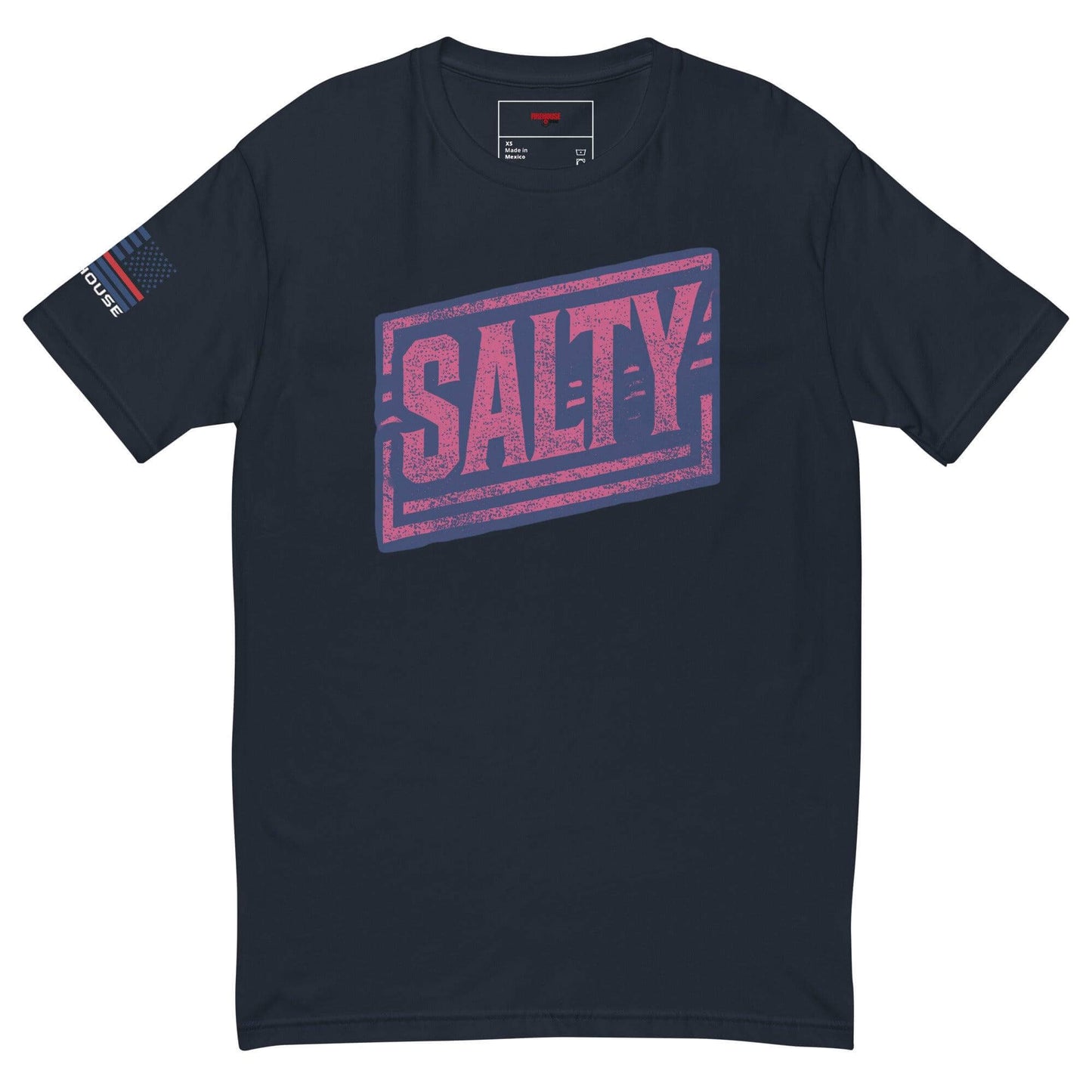 Navy short sleeve t-shirt featuring "SALTY" graphic and American flag design, perfect for casual wear.