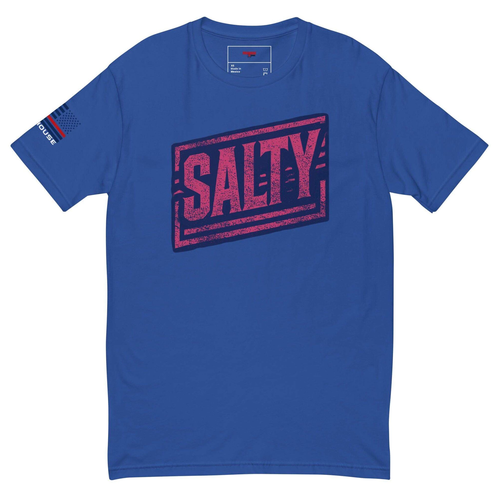 Blue t-shirt with "SALTY" graphic and American flag on the sleeve, ideal for casual wear and outdoor activities.