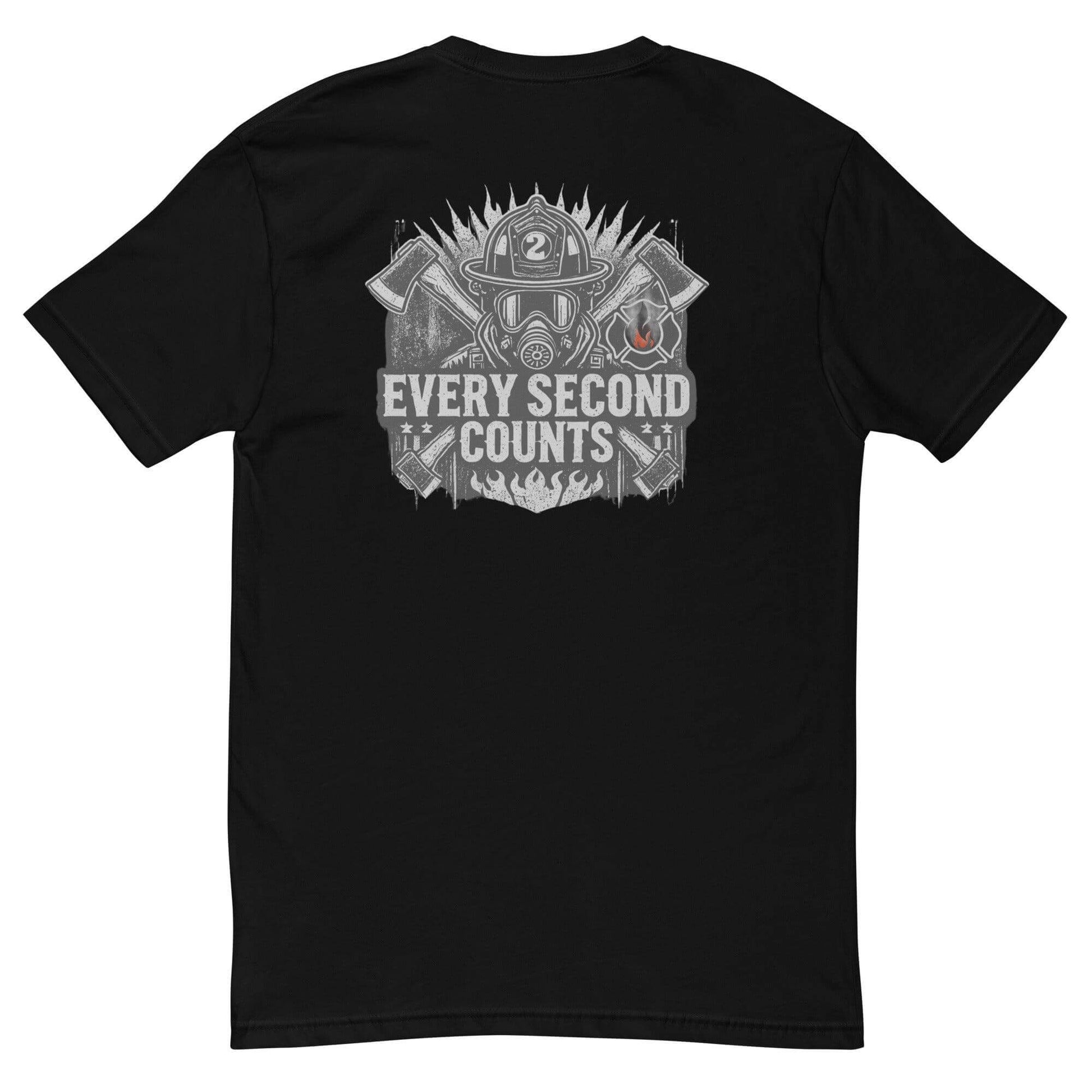 Black t-shirt featuring "Every Second Counts" graphic, ideal for firefighter gifts and apparel enthusiasts.