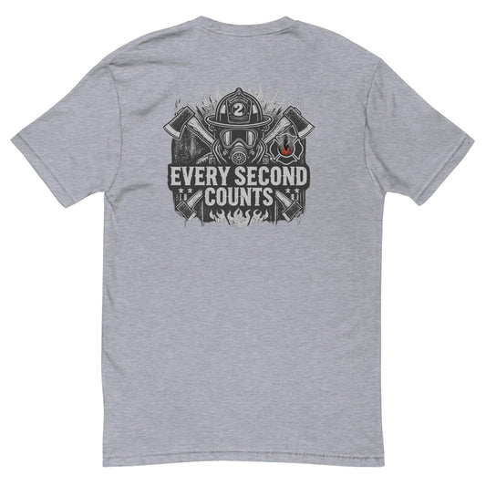 Back view of a grey short sleeve t-shirt with a firefighter graphic and text "Every Second Counts". Perfect for firefighter apparel.