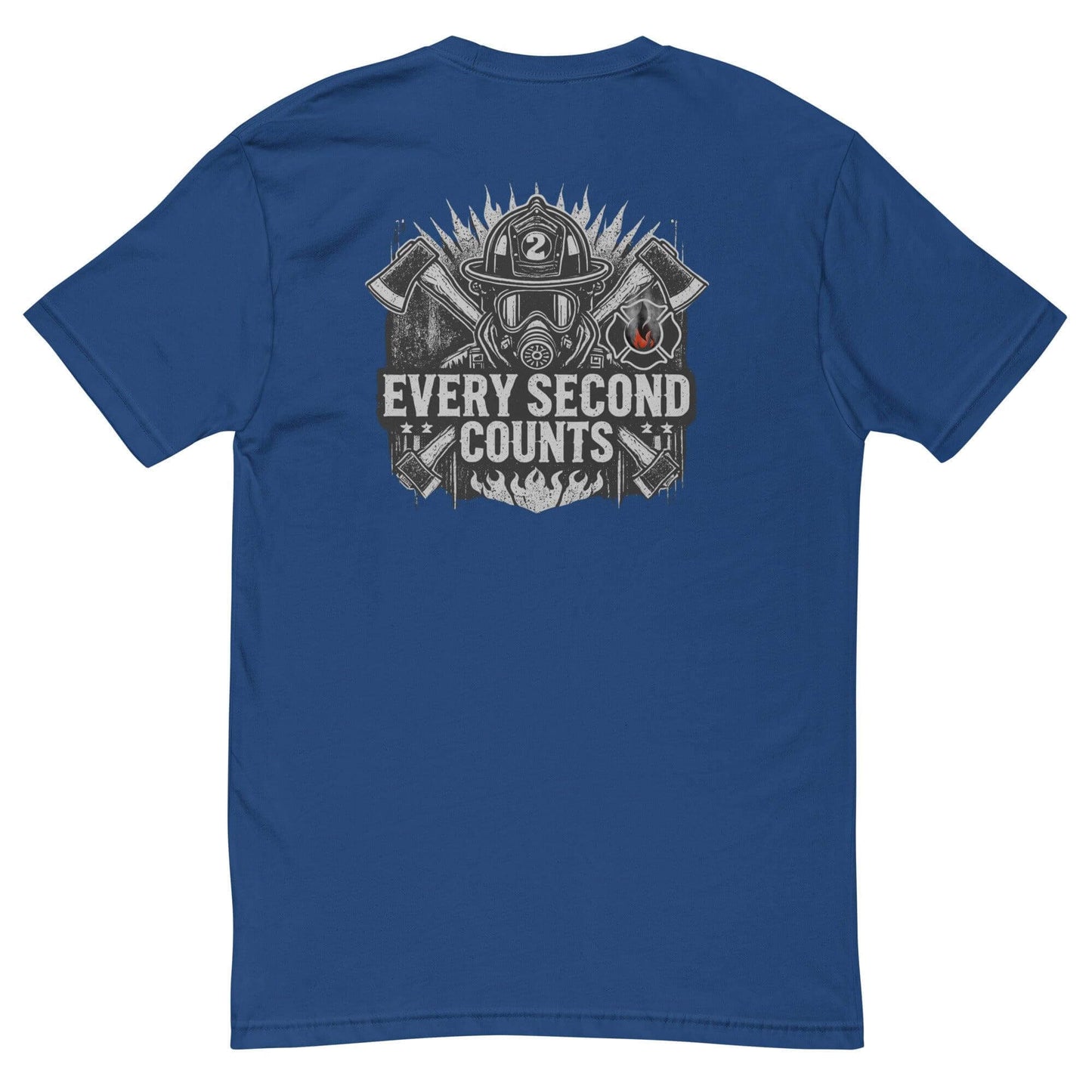 Blue short sleeve t-shirt featuring 'Every Second Counts' firefighter graphic design on the back. Ideal firefighter apparel.