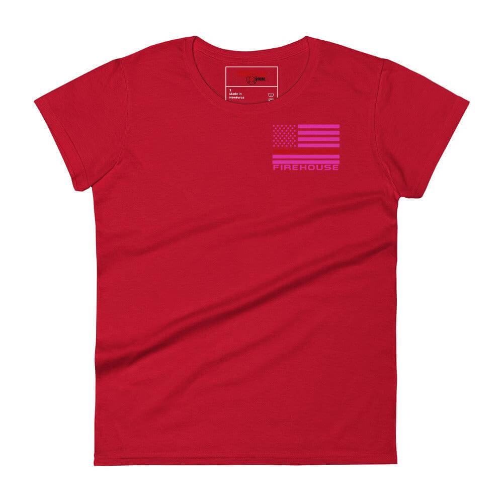 Women's red short sleeve t-shirt featuring a "Firehouse" graphic and American flag, perfect for firefighter apparel.