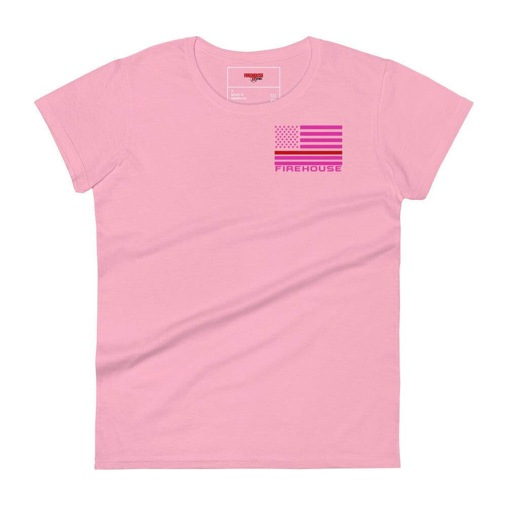 Women's pink short sleeve t-shirt featuring a "Firehouse" graphic and American flag, perfect firefighter apparel and gifts.