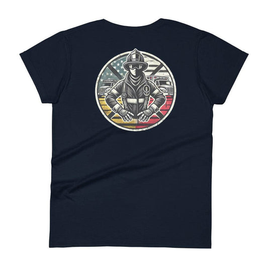 Back view of a navy women's t-shirt featuring a firefighter graphic, perfect for firefighter gifts and apparel.