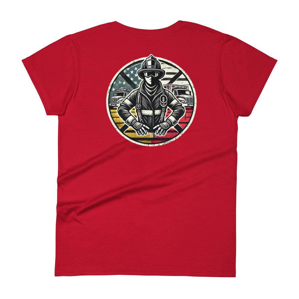 Red women's short sleeve t-shirt featuring a firefighter graphic design, perfect for firefighter gifts and apparel.