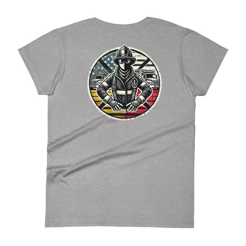 Heather Grey women's t-shirt featuring a firefighter graphic, perfect as firefighter apparel or firehouse gifts.