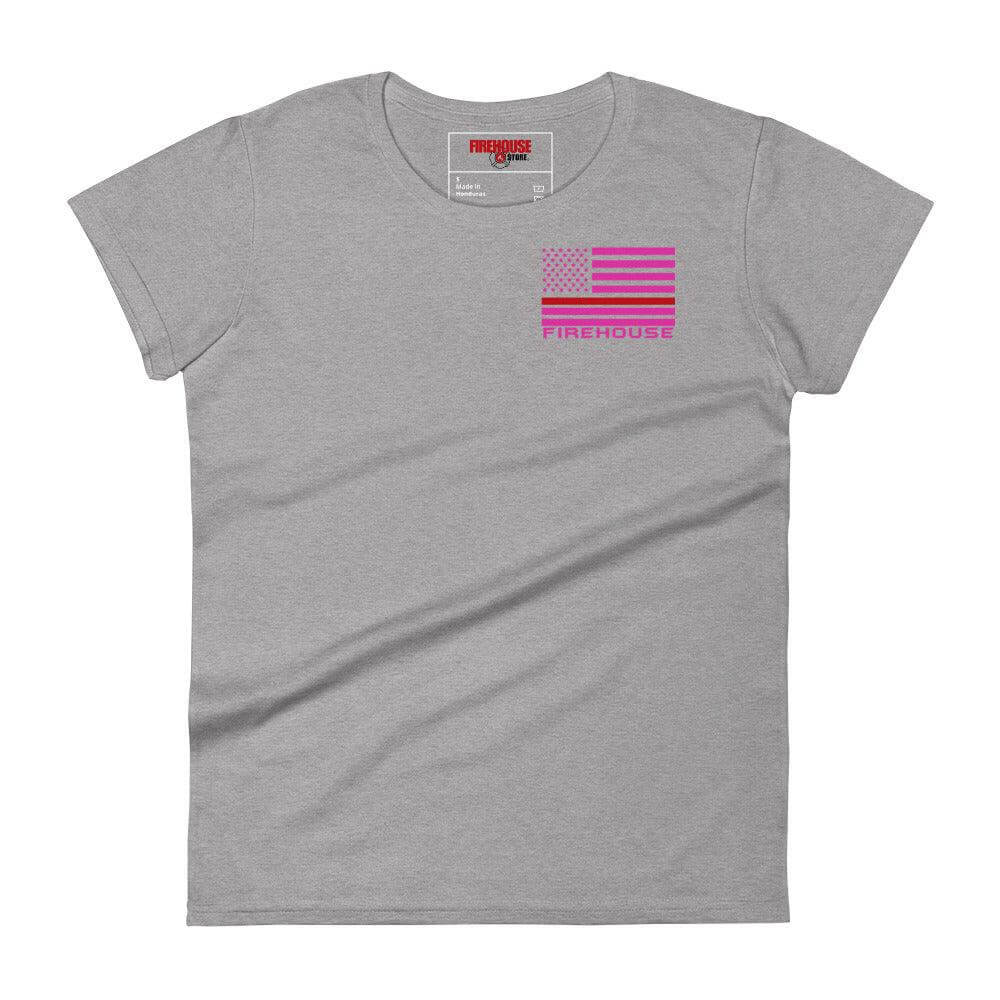 Women's grey short sleeve t-shirt featuring a pink firefighter flag design, perfect for firehouse gifts and firefighter apparel.