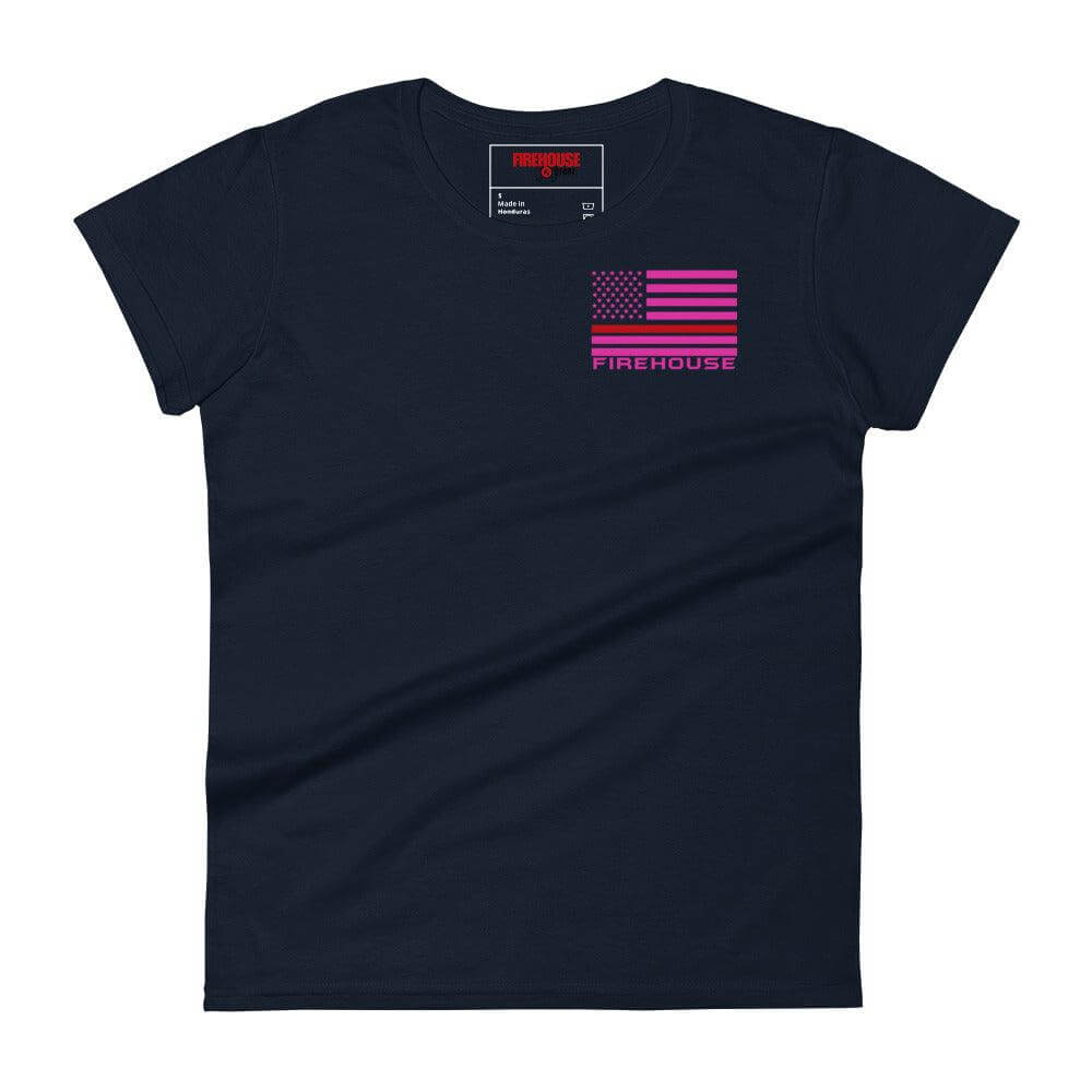 Women's short sleeve navy t-shirt with pink firefighter flag and 'FIREHOUSE' logo, ideal firefighter apparel and gifts.