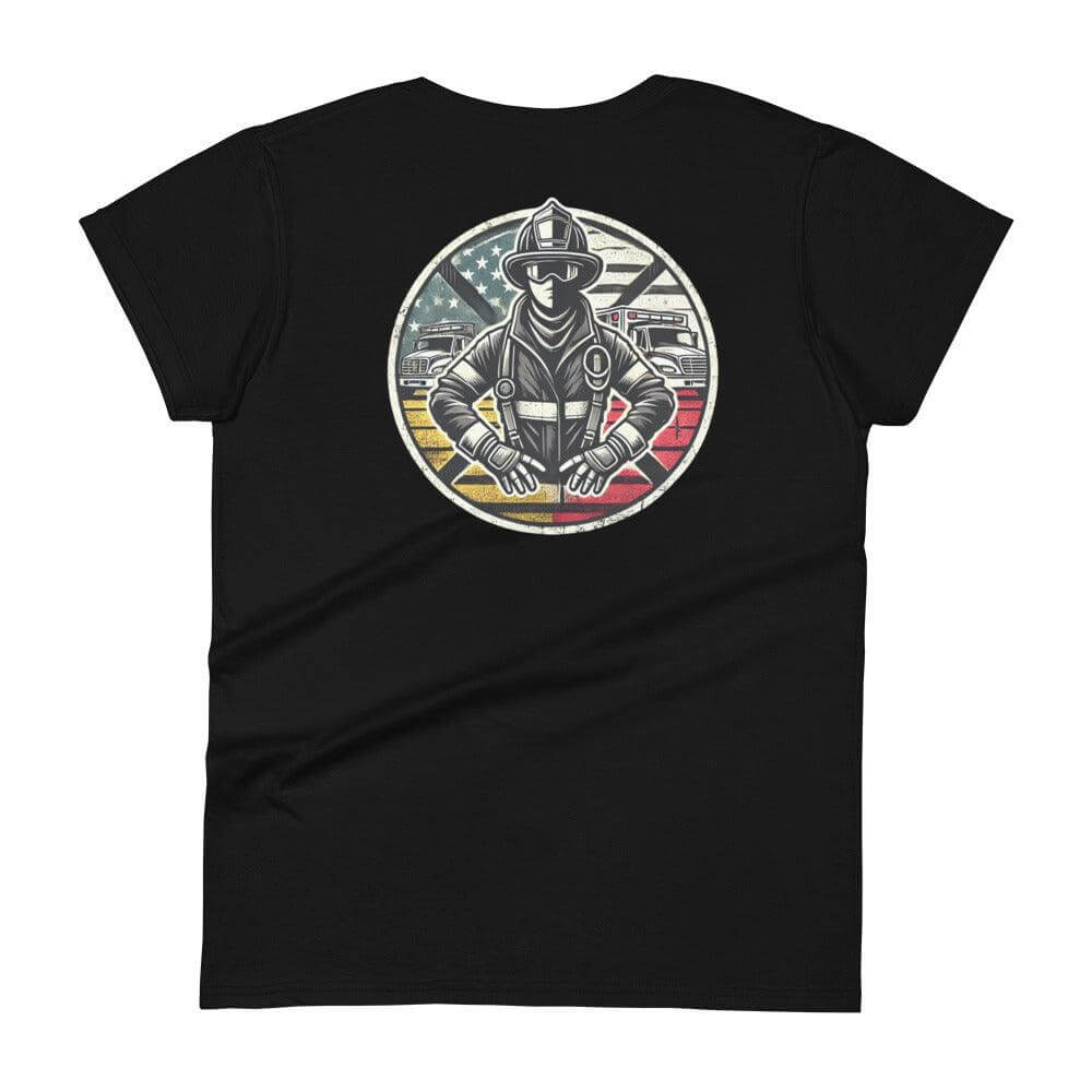 Women's black short sleeve t-shirt featuring a firefighter graphic on the back, perfect for firefighter gifts and apparel.