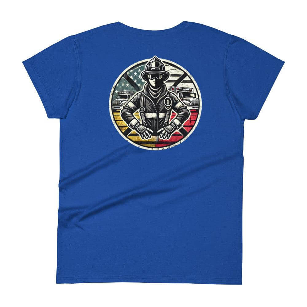 Blue women's t-shirt featuring firefighter graphic, ideal for firefighter gifts and firehouse apparel.