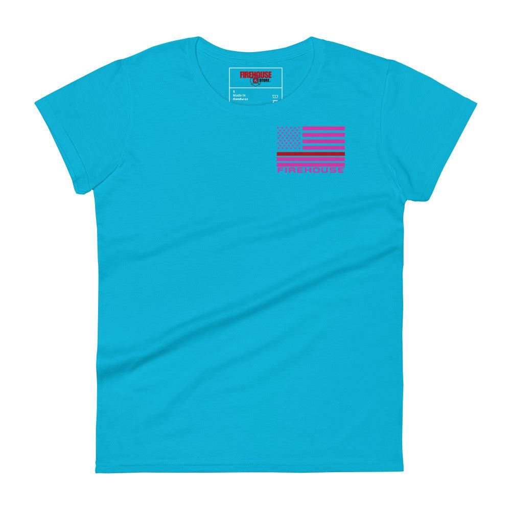 Women's turquoise short sleeve t-shirt with 'Firehouse' graphic and flag design, ideal firefighter apparel gift.