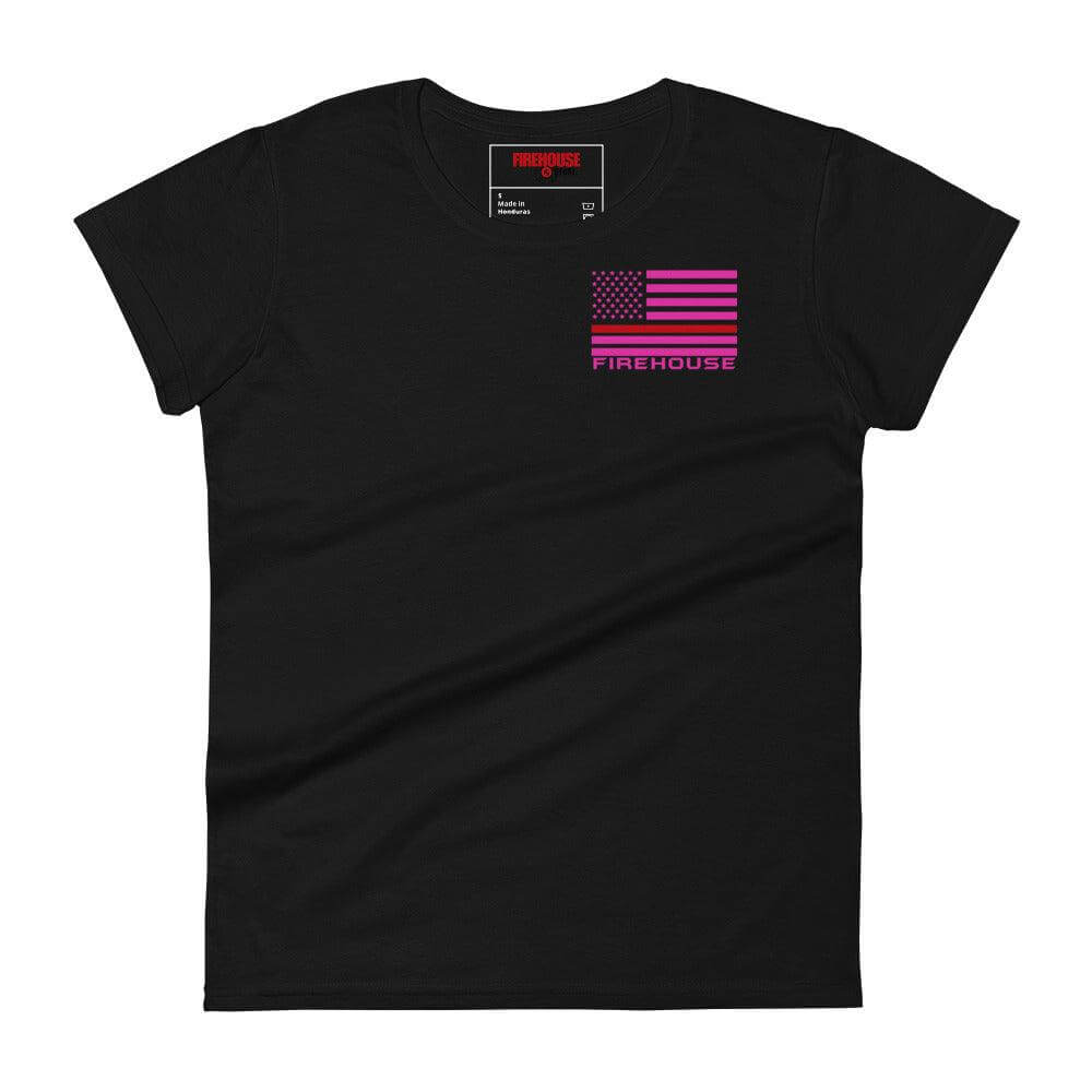 Women's black short sleeve t-shirt featuring a vibrant Firehouse American flag design, perfect for firefighter apparel and gifts.