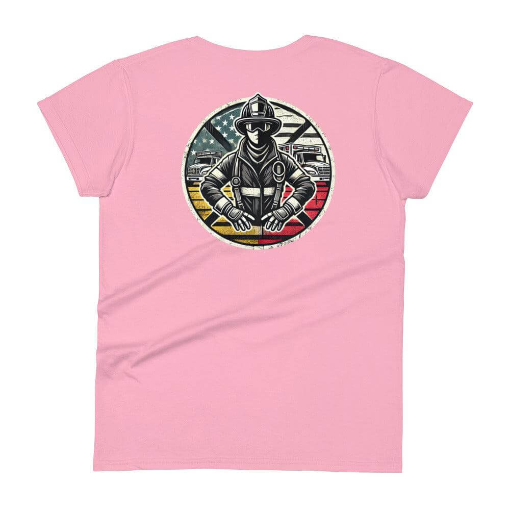 Women's pink t-shirt featuring firefighter graphic design, perfect for firefighter gifts and firehouse apparel.