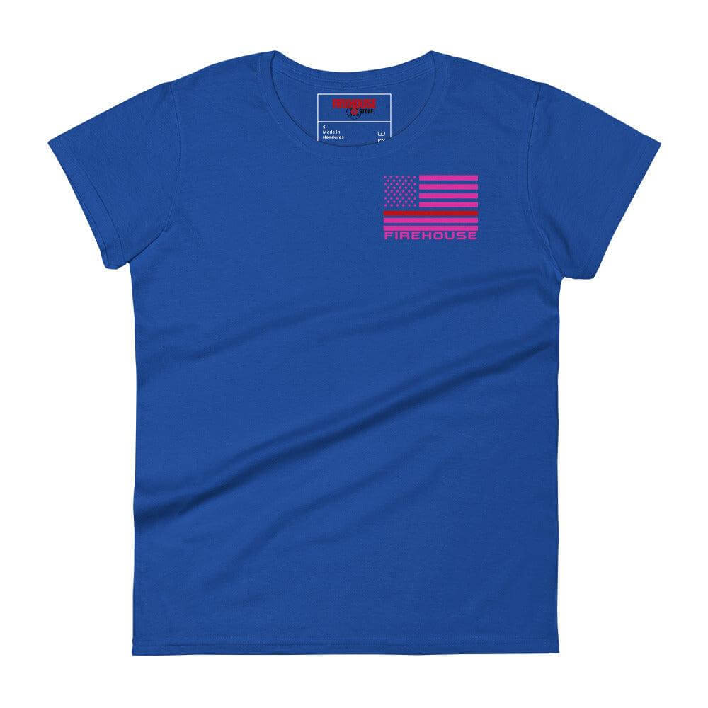 Women's blue t-shirt featuring a firefighter flag design, perfect for firehouse gifts and firefighter apparel.