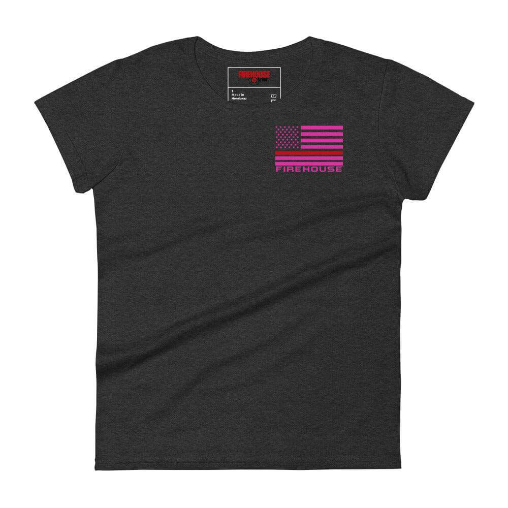 Women's short sleeve charcoal t-shirt with a pink firefighter-themed graphic and 'FIREHOUSE' text, perfect for firefighter apparel.