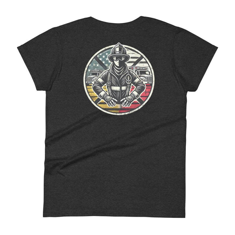 Women's black t-shirt featuring firefighter graphic, perfect for firefighter gifts and firehouse apparel.