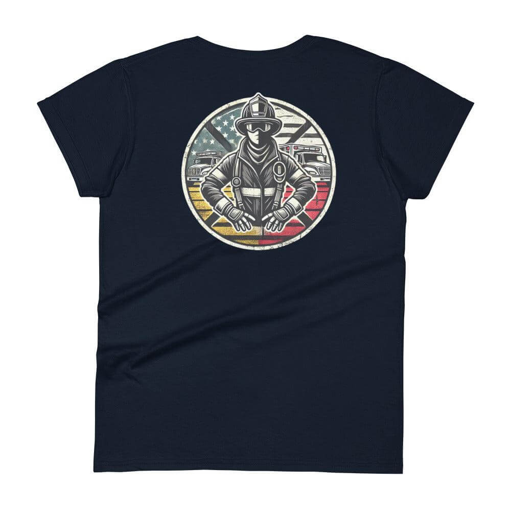 Back view of a navy women's short sleeve t-shirt featuring a firefighter graphic design. Ideal for firefighter gifts and apparel.