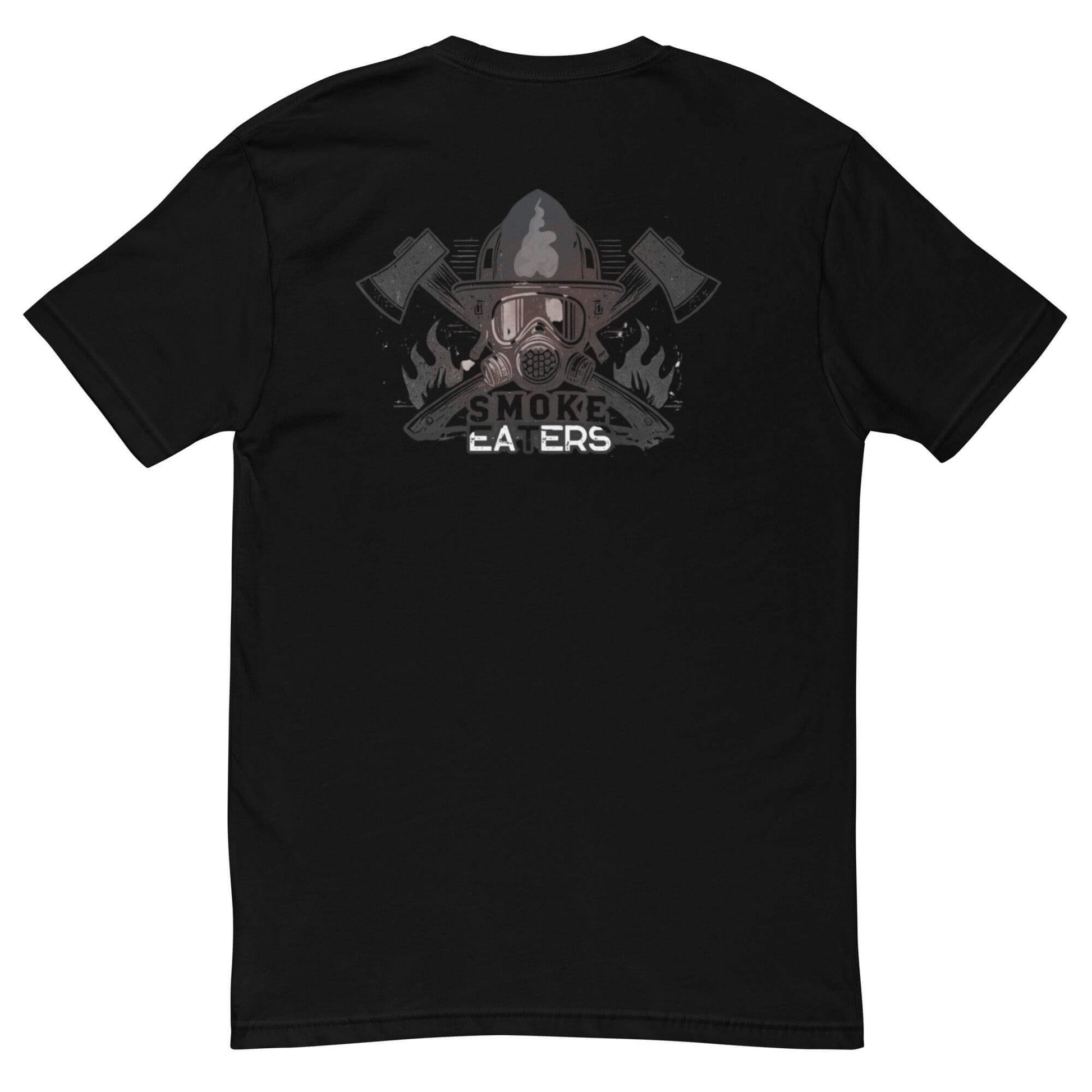 Black short sleeve t-shirt featuring "Smoke Eaters" graphic with firefighter helmet and axes, perfect for firefighter apparel.