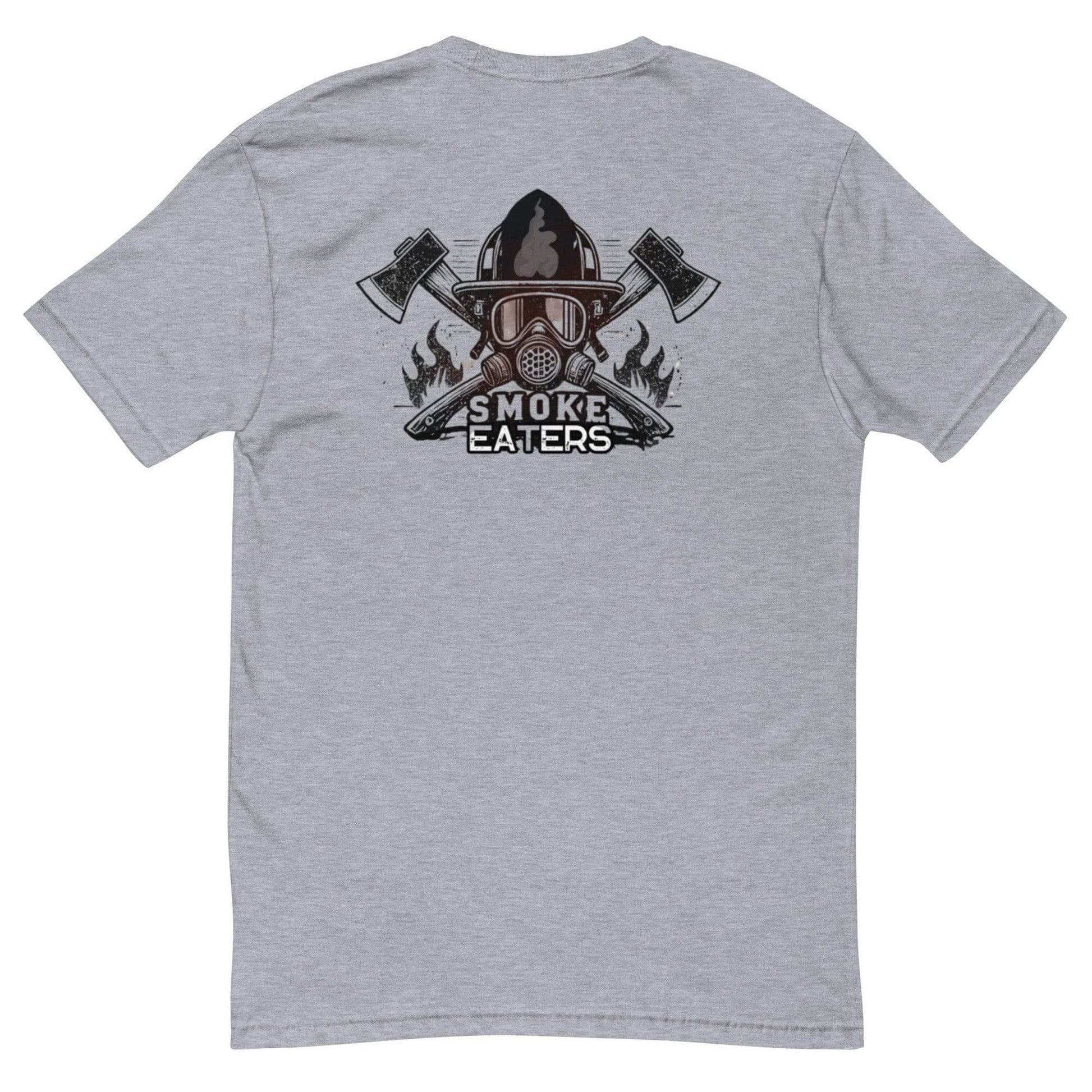 Grey short sleeve t-shirt featuring "Smoke Eaters" graphic with firefighter axes and flames, ideal for firefighter apparel.