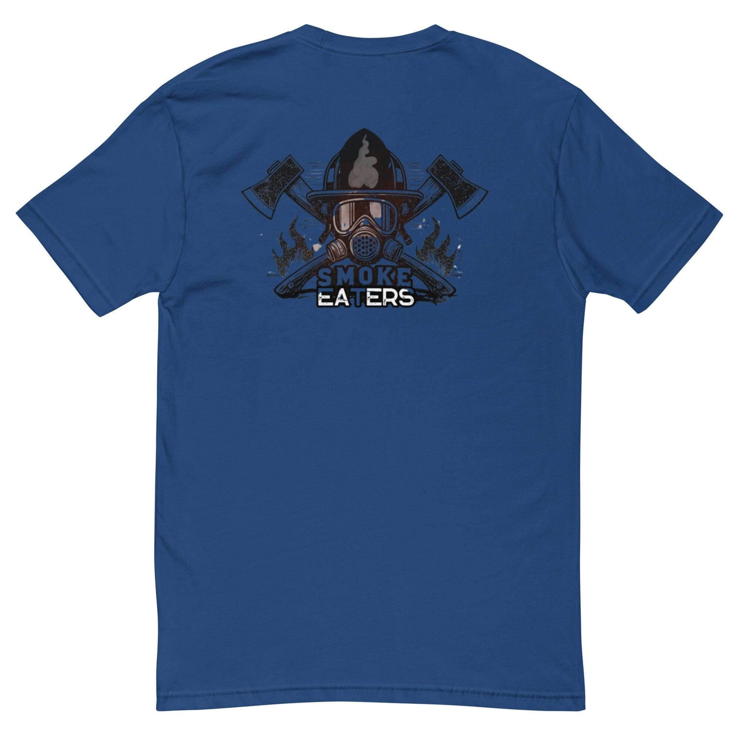 Blue short sleeve t-shirt featuring a "Smoke Eaters" graphic with firefighter gear and axes on the back.