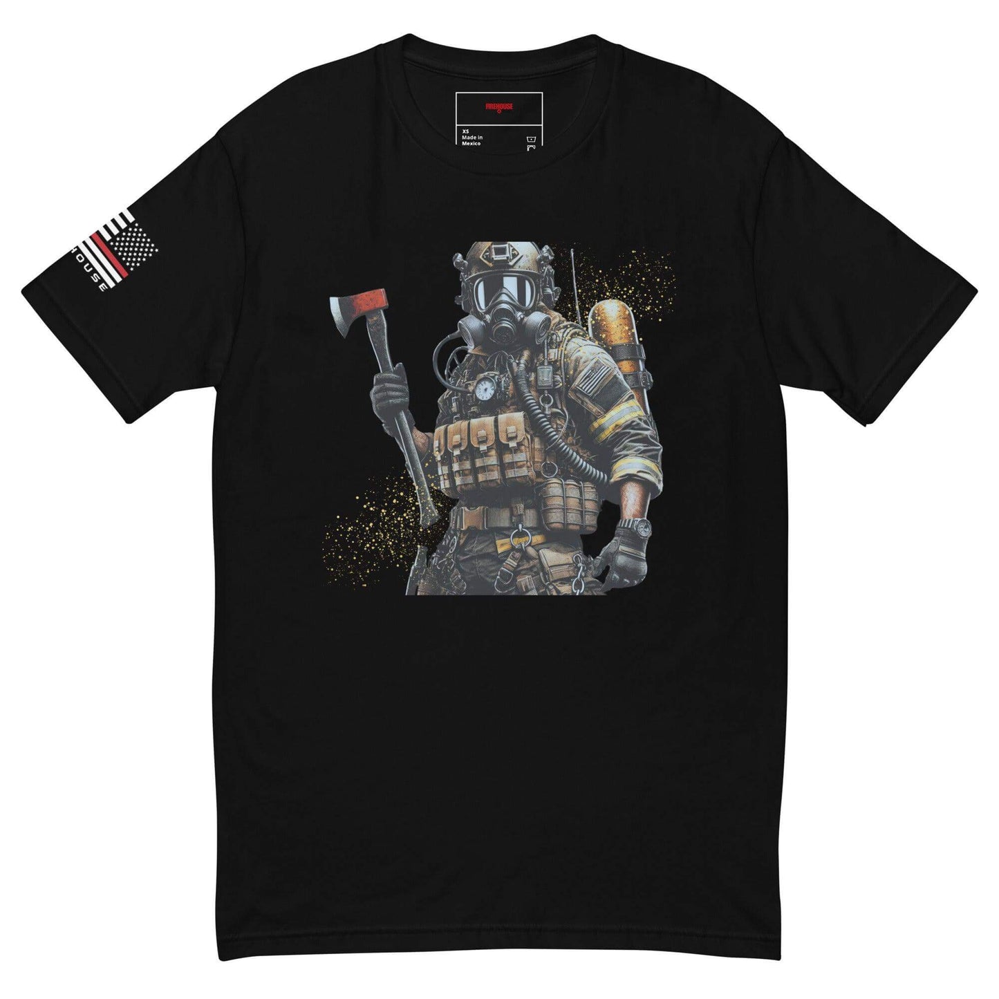 Black t-shirt featuring a firefighter character in gear, ideal for firefighter gifts and apparel.