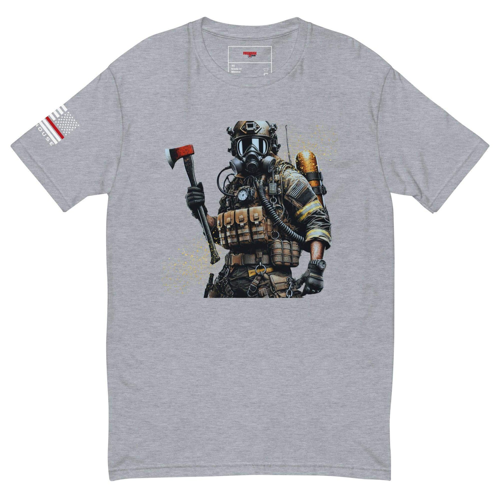 Short sleeve grey t-shirt featuring a firefighter in gear with an axe, symbolizing bravery and firehouse spirit.